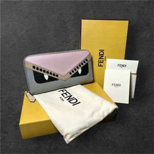 Fendi Monster Eyes Cont. Zip Around Leather Wallet Full Inclusion Pink/Gray/Stud